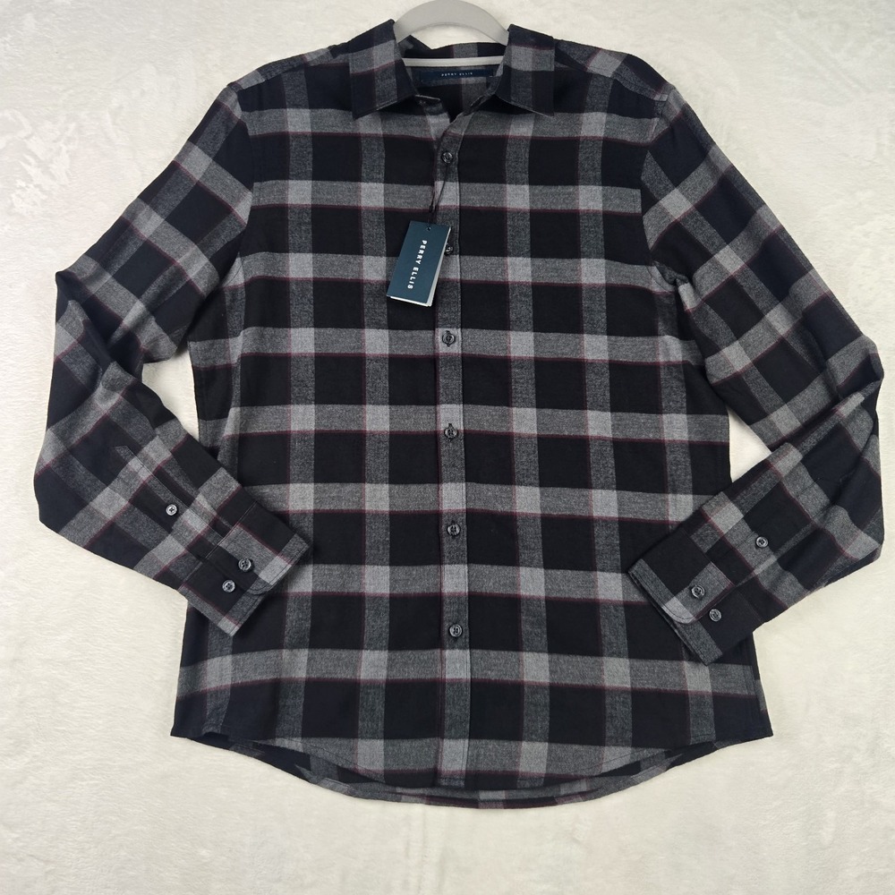 NWT Perry Ellis Mens Black‎ Gray Red Plaid Shirt Sz Medium Button Up Long Sleeve